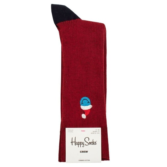 NWT Happy Socks Smiley Santa Ribbed Cotton Blend Crew Socks in Dark Red - Picture 4 of 7
